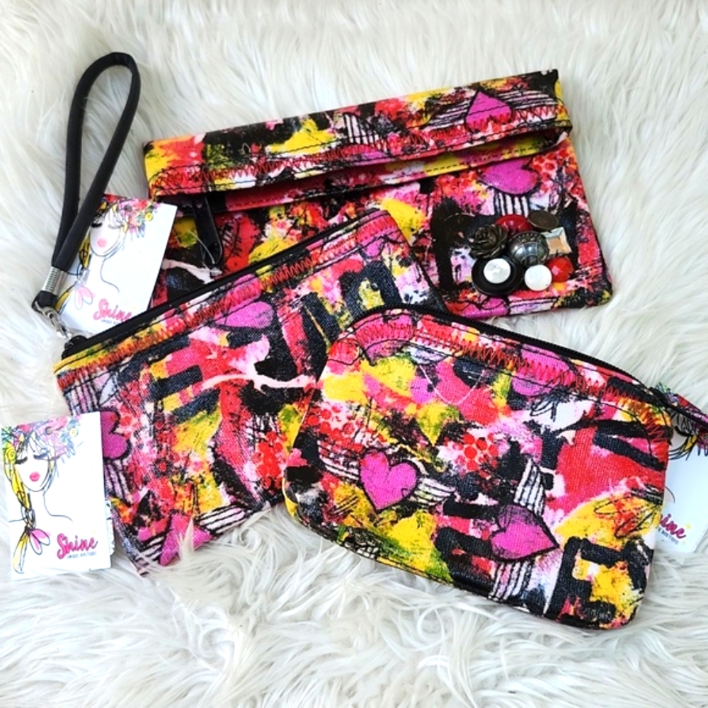 NWT ALISA BURKE HEART TO ART REMIX SET OF 3 COSMETIC/TOILETRY POUCHES